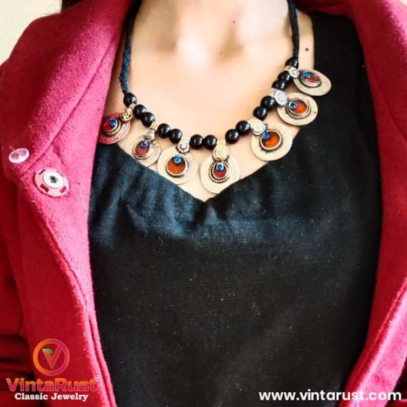 Afghan Tribal Vintage Coins Jewelry Set, Necklace With Earrings, Glass Stones - Picture 1 of 2